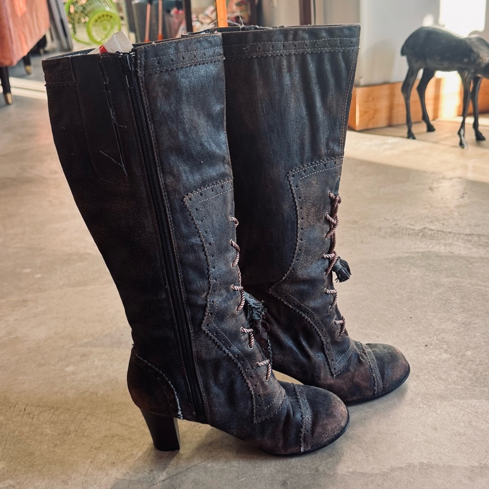 Monique Vintage Dark Brown Lace-Up Zipper Mid-Calf 3.5" Wood Heel Boots 8
